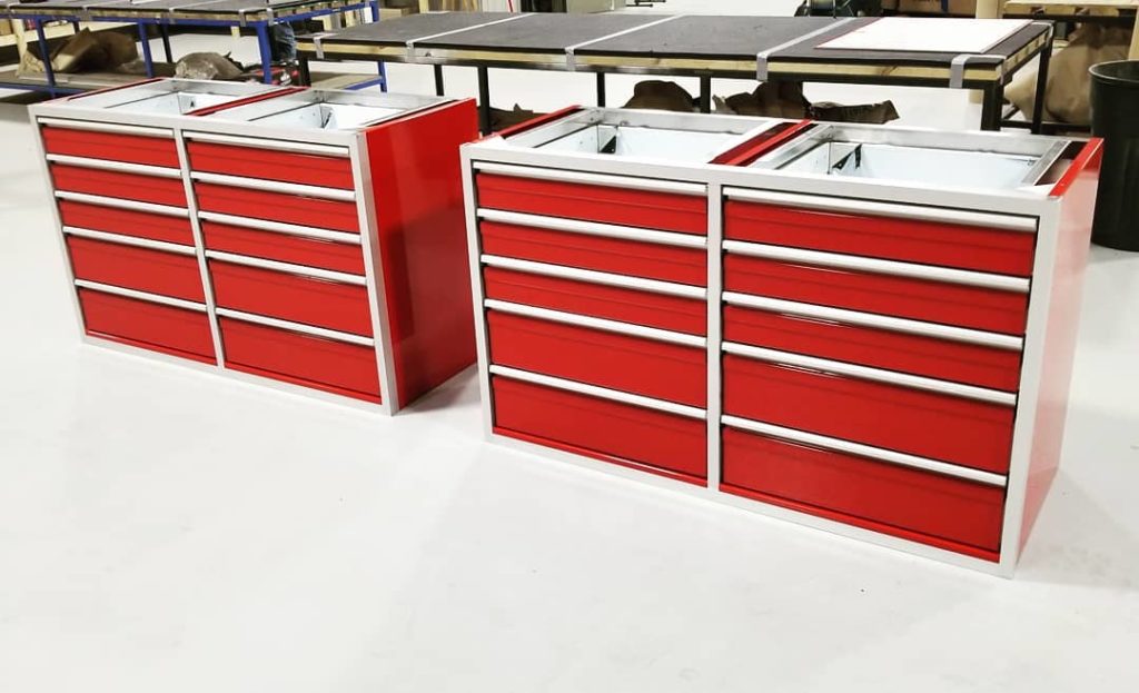 aluminum cabinet company red drawers