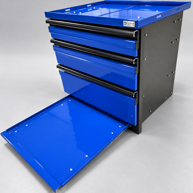 Blue drawer unit with the Dura-Bench pull-out workstation extended